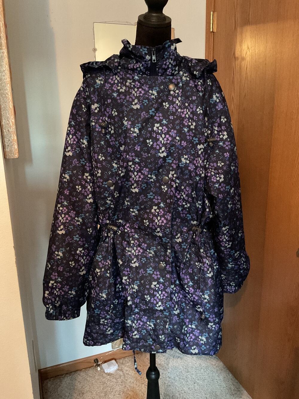 Woman Within Storm Fleece Lined Raincoat Hooded Jacket 1X 22/24 Blue Floral Zip